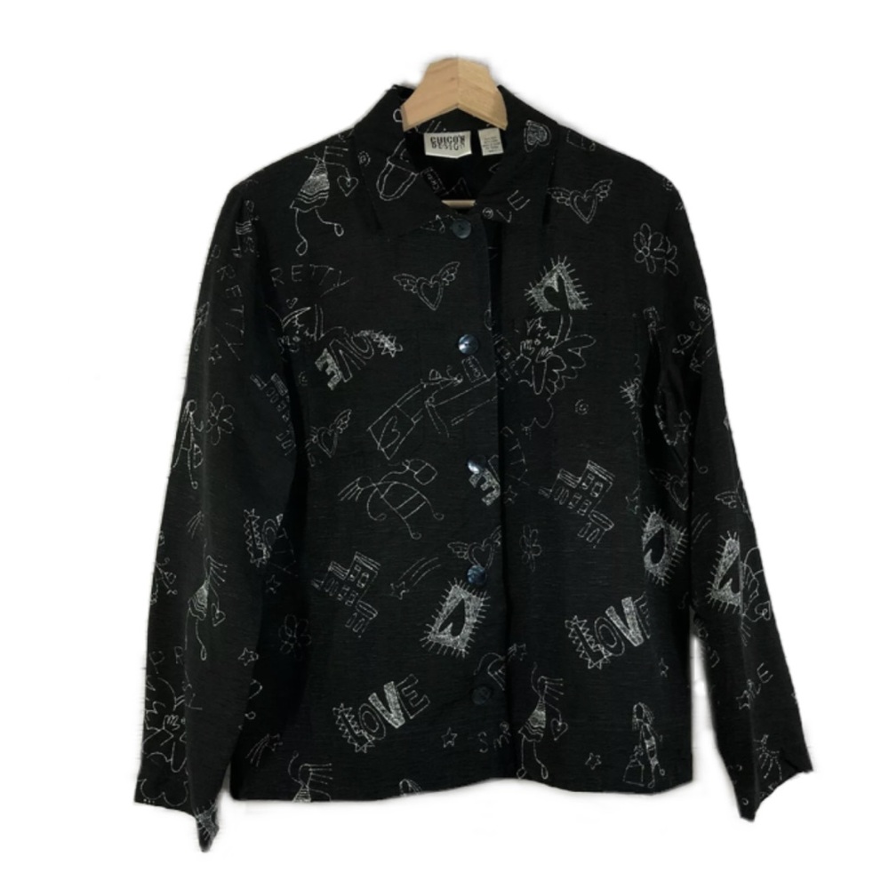 Chicos Silk Linen Love Smile Print Button Front Top Long Sleeves Black Sz M